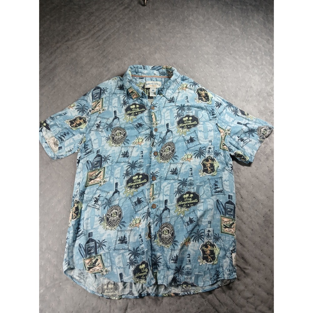 Margaritaville Mens Large Blue Tropical Island Life Rayon Hawaiian Shirt L/G